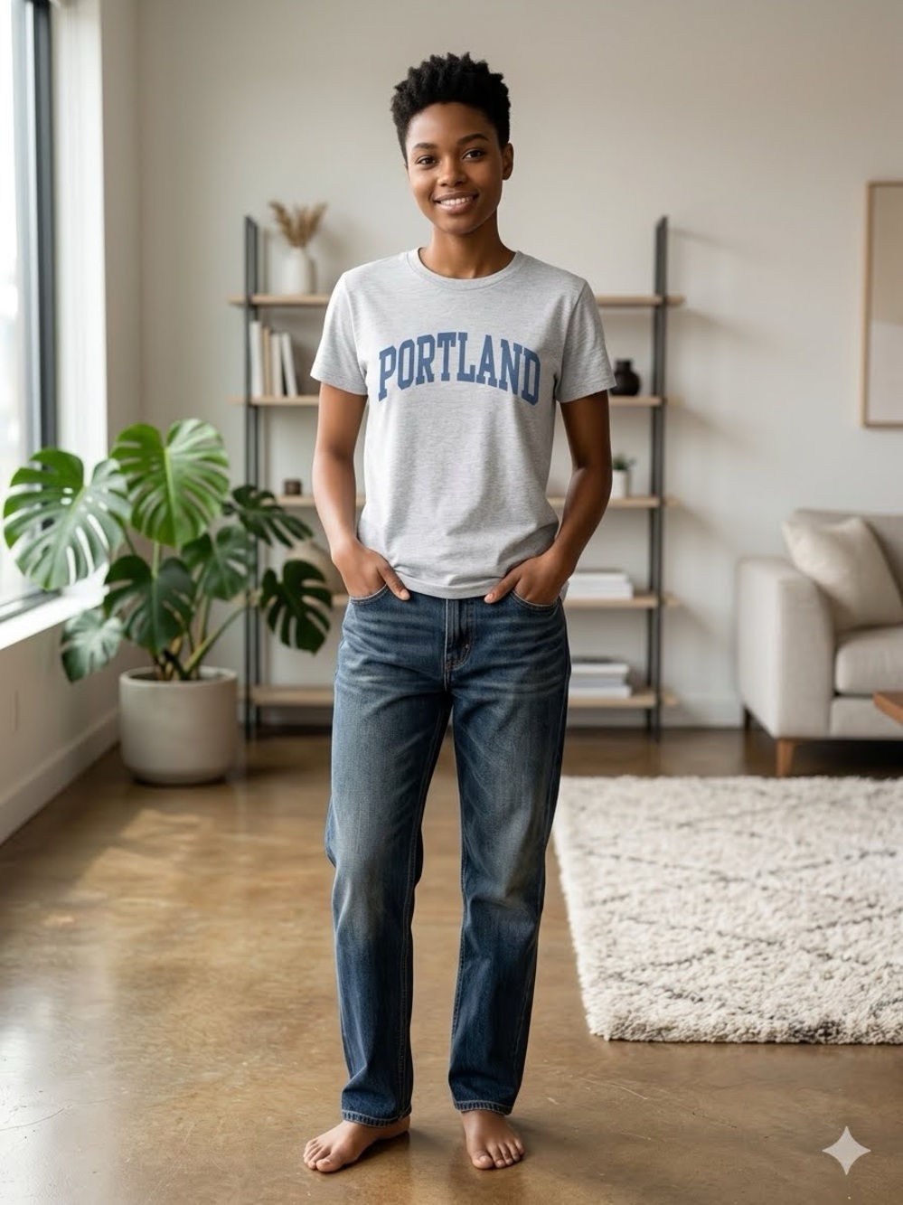 Brandy Melville Gray Short Sleeve Tee with Blue 'PORTLAND' Graphic